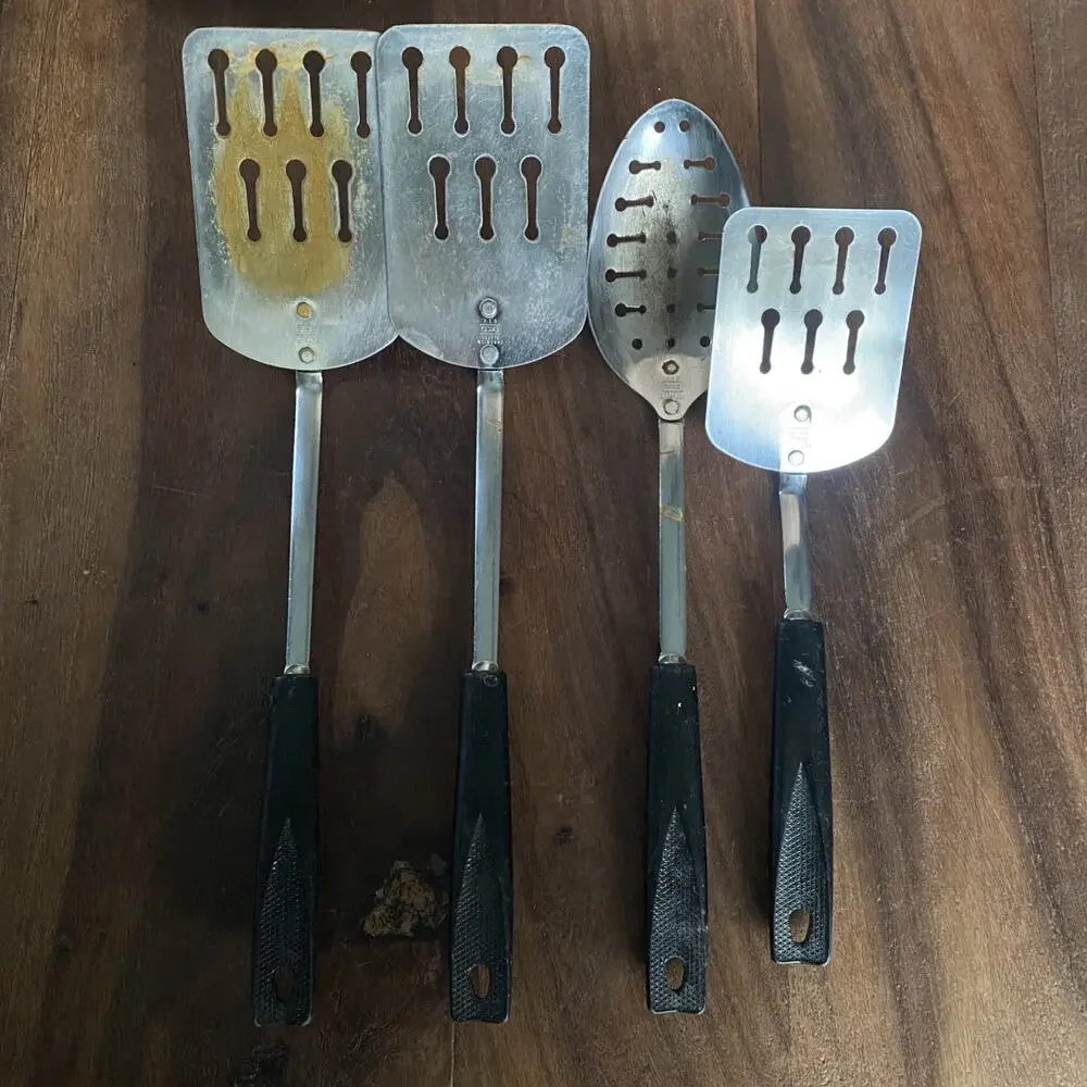 4 Vintage Ekco Chromium Plated Slotted Keyhole Spatula Spoon USA Made *Read*